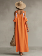 Women's Tangerine Dress With Cold Shoulder & High-Low Hem, Timeless Boho-Resort Style Dress