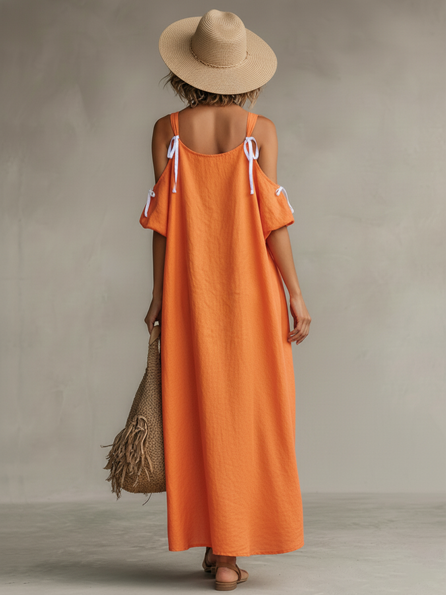 Women's Tangerine Dress With Cold Shoulder & High-Low Hem, Timeless Boho-Resort Style Dress