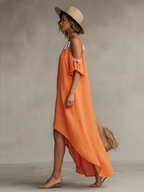 Women's Tangerine Dress With Cold Shoulder & High-Low Hem, Timeless Boho-Resort Style Dress