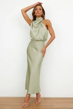 Carlina | Long Satin Wedding Guest Maxi Dress with Halter Neck