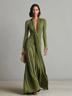 Women's Olive Silky Stretchy Dress With Deep V-Neck & Ruched Detail, Glamorous Maxi Dress