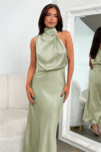 Carlina | Long Satin Wedding Guest Maxi Dress with Halter Neck