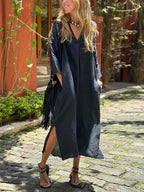 Ishael - Solid V-Neck Long Loose Fit Dress
