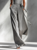 Women's Minimalist Gray Spaghetti-Strap Square-Neck Tie-Waist Wide-Leg Jumpsuit