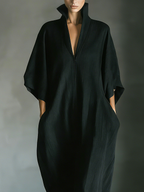 Women's Black Oversized Kimono-Sleeve Maxi Dress With Pockets