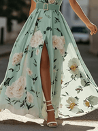 Julie | Light Green Floral Chiffon Maxi Dress with One Shoulder