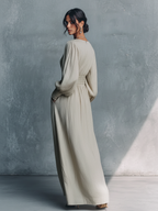 Women's Beige Striped V-Neck Shirred Waist Maxi Dress