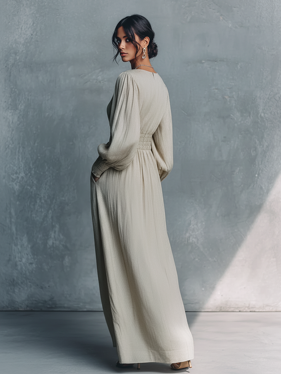 Women's Beige Striped V-Neck Shirred Waist Maxi Dress