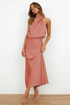 Carlina | Long Satin Wedding Guest Maxi Dress with Halter Neck