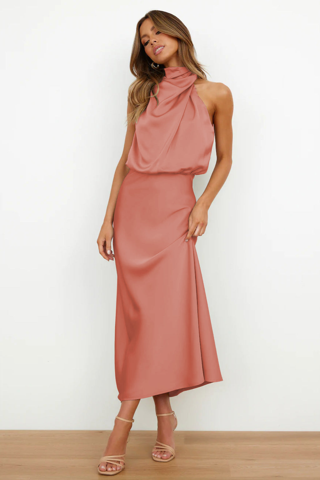 Carlina | Long Satin Wedding Guest Maxi Dress with Halter Neck
