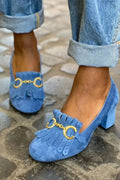 DECOLLETE WITH FRINGE DETAIL AND GOLD BUCKLE