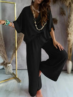 Mia™ - Casual V Neck Top with Wide Leg Pants Set