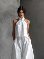 Women's Casual White Halter-neck Sleeveless Top And Skirt Set