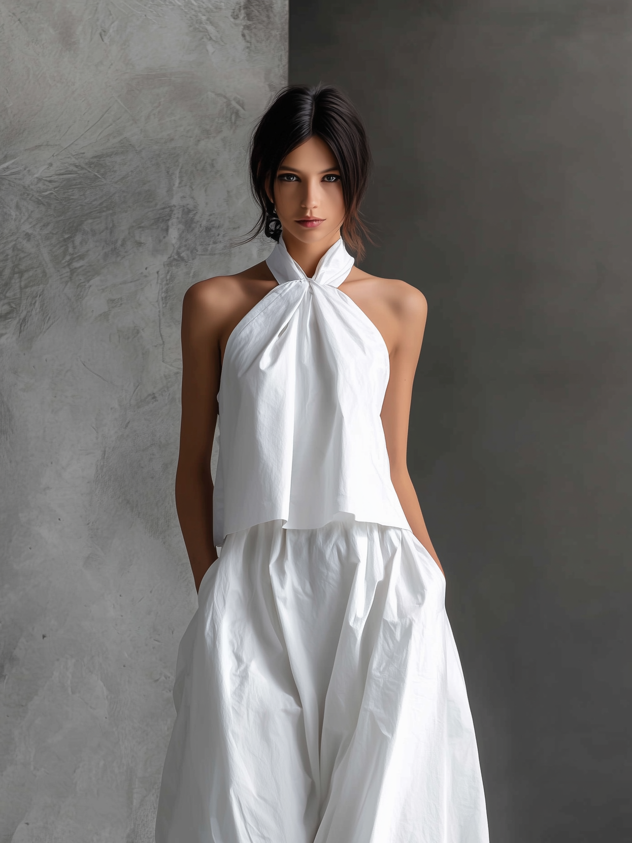 Women's Casual White Halter-neck Sleeveless Top And Skirt Set