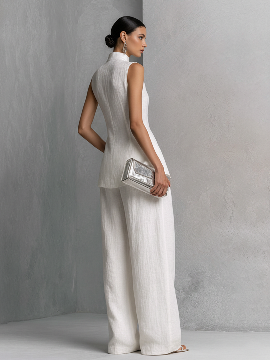 Women's Elegant White Sleeveless Top and Wide-Leg Pants Set