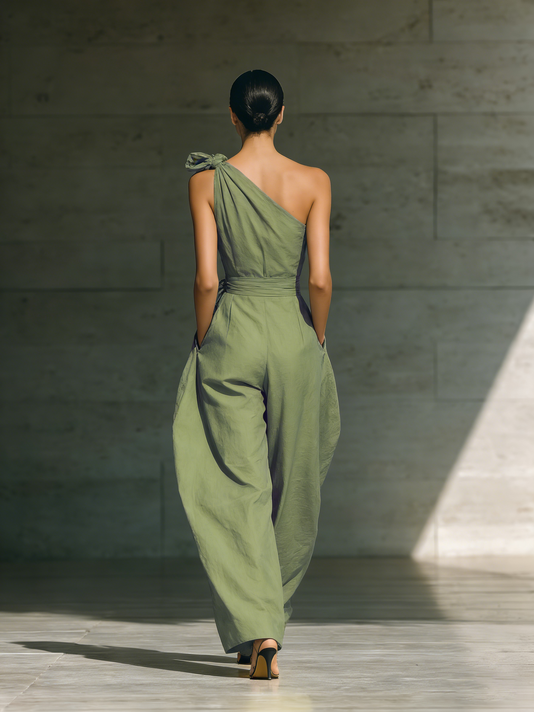 Women's Light Green One-Shoulder Wide-Leg Jumpsuit With Tie Waist