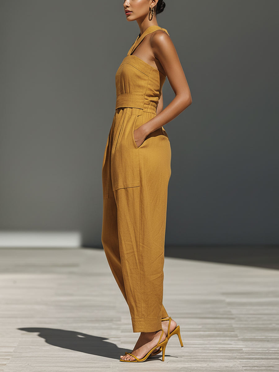 Women's Mustard Yellow Jumpsuit With Crisscross Neckline & Relaxed Trousers