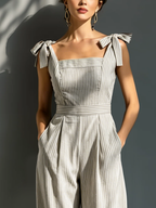Women's Beige & White Striped Jumpsuit With Square Neck & Tie Straps