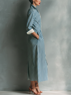 Women's Blue And White Striped Shirt Dress With Red Chest Pocket