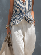 Women's Casual Striped Woven Sleeveless Vest Paired With White Trousers Set