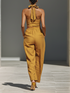Women's Mustard Yellow Jumpsuit With Crisscross Neckline & Relaxed Trousers