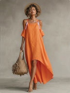 Women's Tangerine Dress With Cold Shoulder & High-Low Hem, Timeless Boho-Resort Style Dress