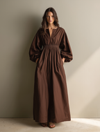 Women's Casual Brown V-neck Long-sleeved Maxi Dress With Elastic Waist