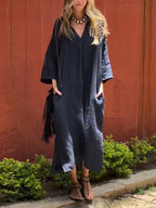 Ishael - Solid V-Neck Long Loose Fit Dress