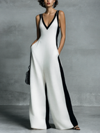 Women's Fashion Black and White Color Block Thin Strap Jumpsuit