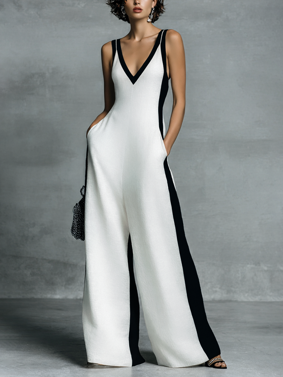 Women's Fashion Black and White Color Block Thin Strap Jumpsuit