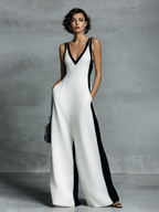 Women's Fashion Black and White Color Block Thin Strap Jumpsuit