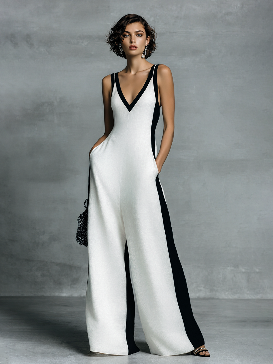 Women's Fashion Black and White Color Block Thin Strap Jumpsuit
