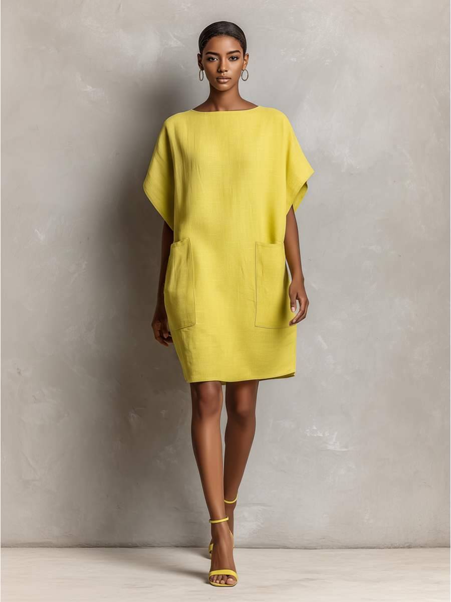 Women’s Lime Yellow Batwing Sleeve Patch Pocket Shift Dress