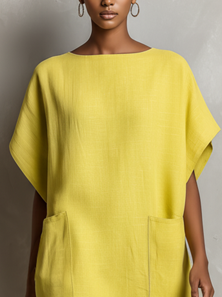 Women’s Lime Yellow Batwing Sleeve Patch Pocket Shift Dress