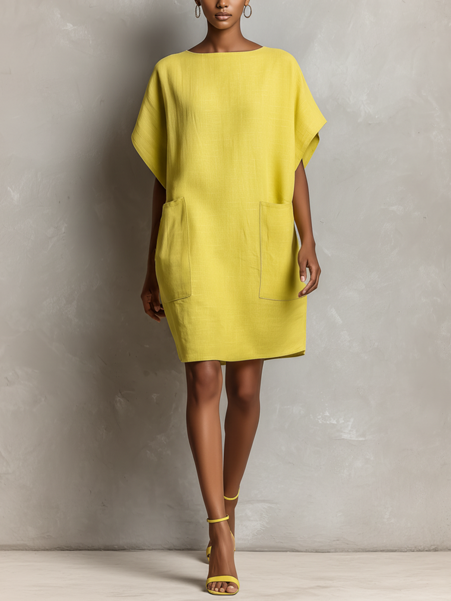 Women’s Lime Yellow Batwing Sleeve Patch Pocket Shift Dress
