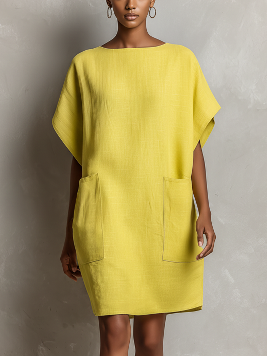 Women’s Lime Yellow Batwing Sleeve Patch Pocket Shift Dress
