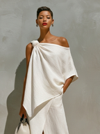 Women's White Set With One-Shoulder Knot Detail & Front Slit, Timeless Minimalist-Resort Style Set
