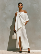 Women's White Set With One-Shoulder Knot Detail & Front Slit, Timeless Minimalist-Resort Style Set