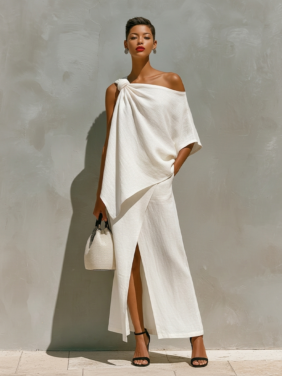 Women's White Set With One-Shoulder Knot Detail & Front Slit, Timeless Minimalist-Resort Style Set