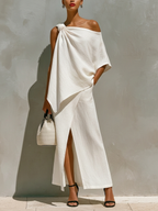 Women's White Set With One-Shoulder Knot Detail & Front Slit, Timeless Minimalist-Resort Style Set