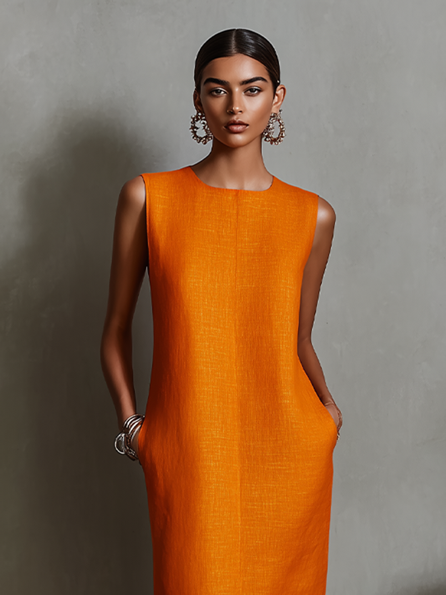 Women's Orange Shift Dress With Sleeveless Round Neck & Side Pockets, Timeless Minimalist-Elegant Style Dress