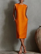 Women's Orange Shift Dress With Sleeveless Round Neck & Side Pockets, Timeless Minimalist-Elegant Style Dress