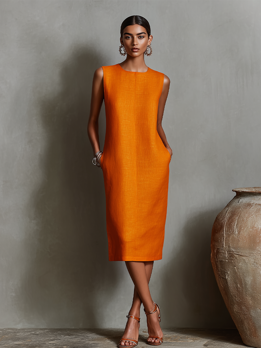 Women's Orange Shift Dress With Sleeveless Round Neck & Side Pockets, Timeless Minimalist-Elegant Style Dress