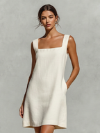 Women's Cream White Mini Dress With Square Neck & Sleeveless Design, Timeless Minimalist-Elegant Style Dress