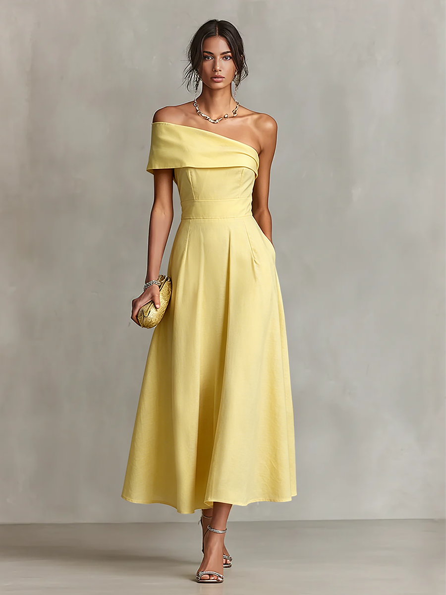 Women's Yellow Dress With One-Shoulder Neckline & Fitted Waist, Timeless Elegant-Chic Style Dress