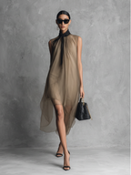 Women's Light Luxury Khaki And Brown Color-blocked Chiffon Sleeveless Dress