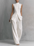 Women's Elegant White Sleeveless Top and Wide-Leg Pants Set