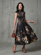 Greta | High Neck Keyhole Floral Pleated Midi Dress