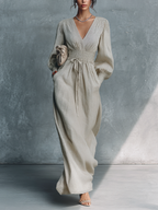 Women's Beige Striped V-Neck Shirred Waist Maxi Dress