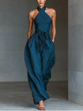 Women's Navy Blue Cross Halter Wide-Leg Jumpsuit With Tie Waist & Side Pockets
